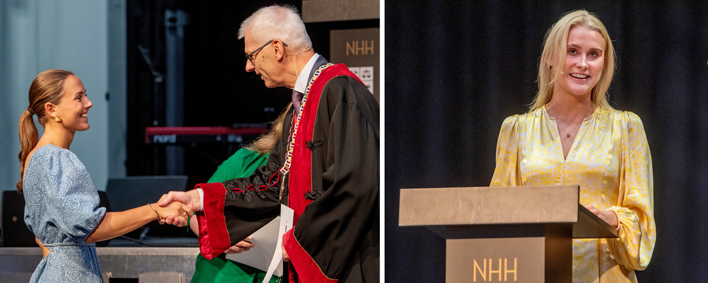 HANDSHAKE: Emilie Kaasa was one of over 500 new students who shook hands with rector Øystein Thøgersen. - It was between law and NHH, but it is the breadth that is most important to me. That's why I chose NHH. Chair of the core board, Karoline Aasnæs from NHHS (left) welcomed the students.