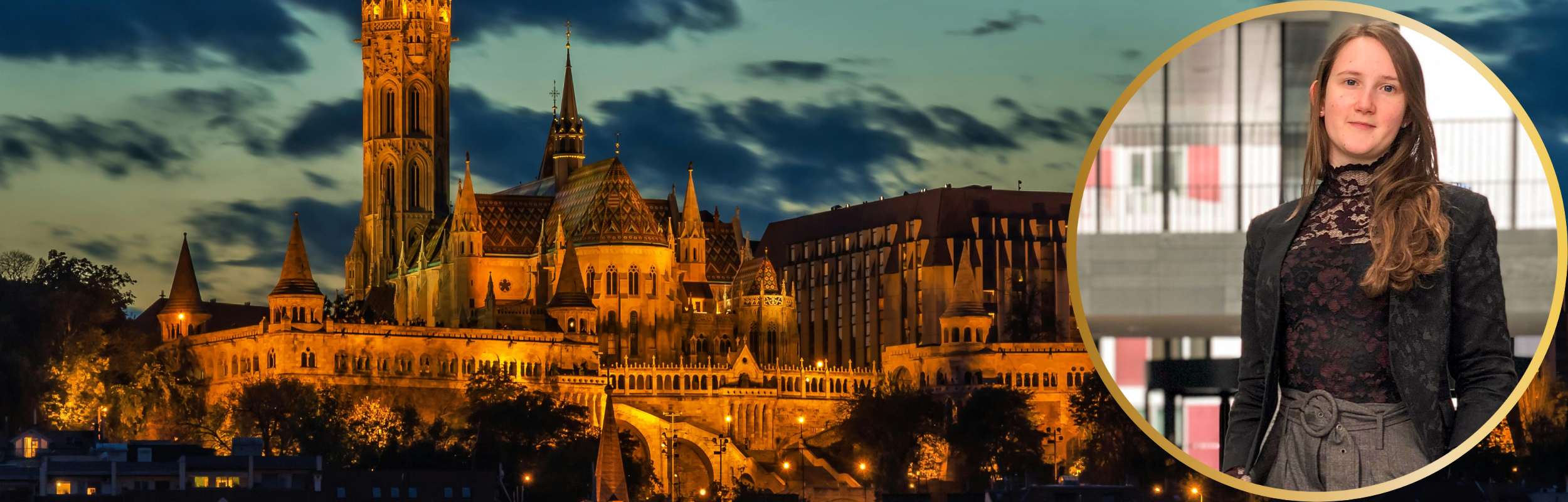 A photo of Budapest’s Parliament building at twilight. Overlaid on the image is a circular portrait of a young woman.