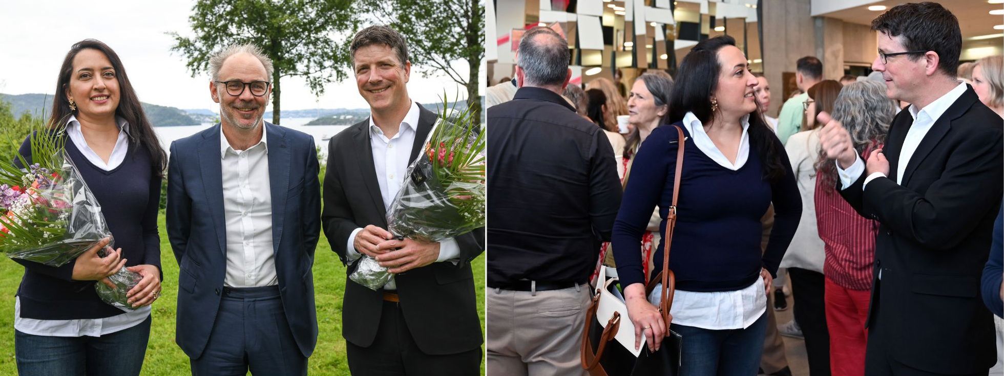 Tina Saebi and Alexander Madsen Sandvik celebrated their promotion to professor with Rector Helge Thorbjørnsen. On the right, Saebi and Sandvik are pictured in conversation before NHH’s summer lunch. Photo: Ingunn Maarnes-Gjærde / Sigrid Folkestad