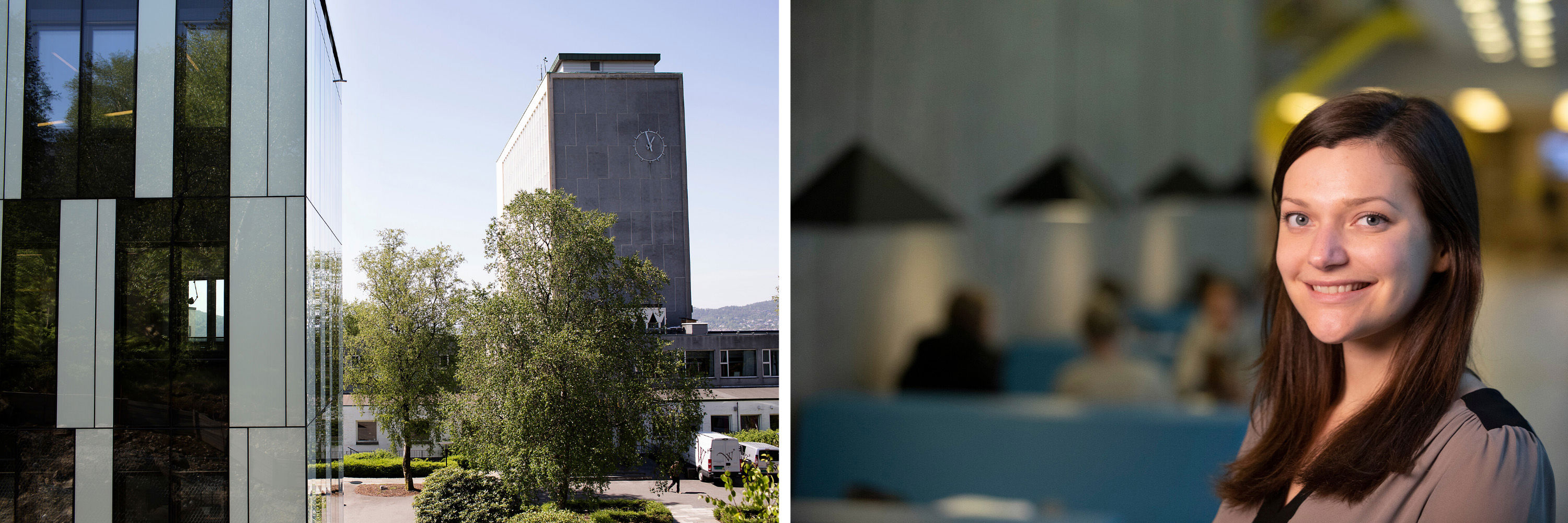 Photo of NHH building and Josefin Styve.