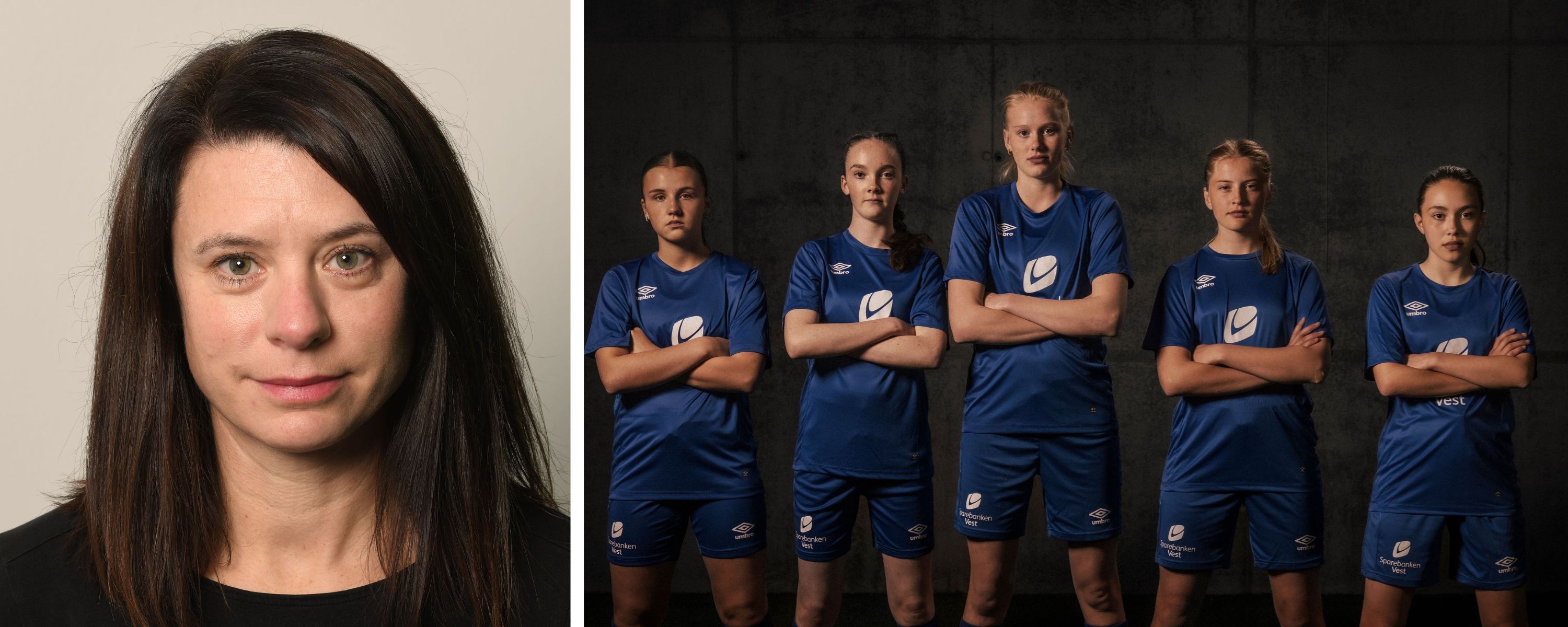 Bilde av NHH-professor Siv Rosendahl Skard og fem unge fotballspillere. Foto: Hallvard Lyssand