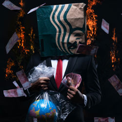 Business man with a bag over his head, holding a plastic wrapped earth while counting money. Photo: fikry anshor on Unsplash