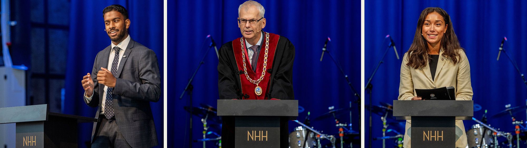 Taler på immatrikuleringen: Dinogen Uruthiran, leder for studentforeningen NHHS, rektor Øystein Thøgersen og varaordfører i Bergen, Eira Martinsen Garrido. 