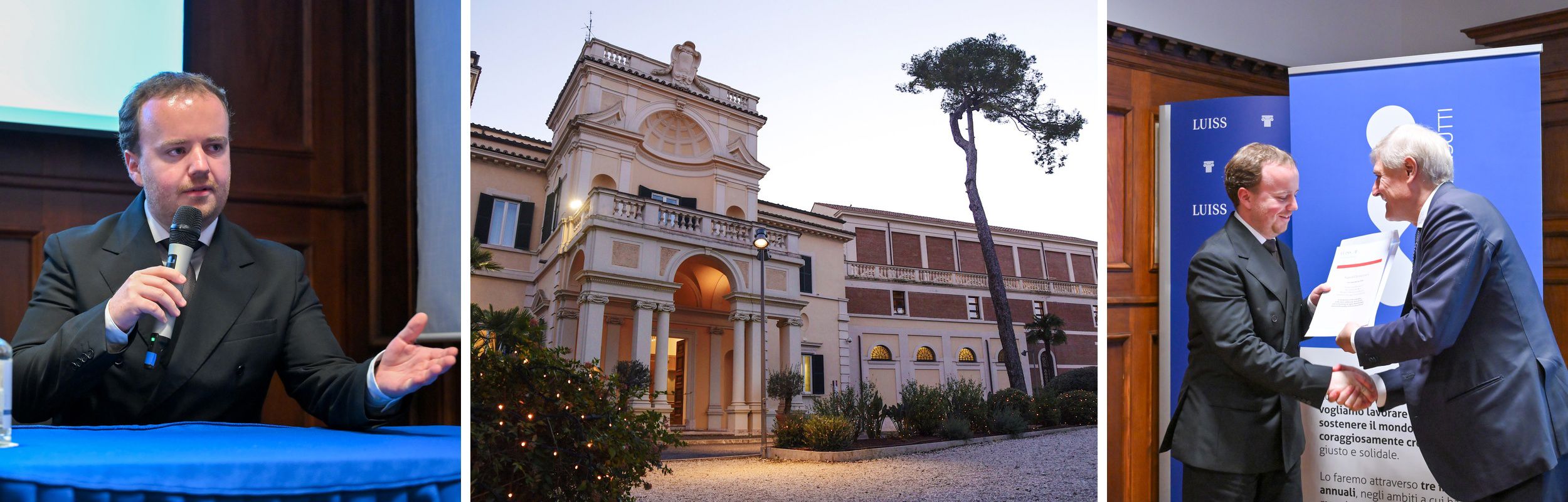 Kollasj fra LUISS University i Roma med tidligere NHH-student Sigurd Christensen og utdeling av Francesco Mansutti-prisen.